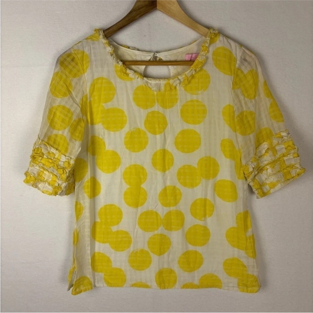 Lilly Pulitzer Short Sleeve Ruffle Blouse Size 4 Yellow Polka Dot Preppy Coastal